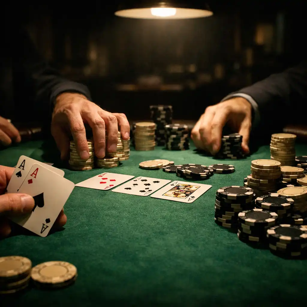 Poker game in progress with hands pushing chips across emerald felt, faces not visible