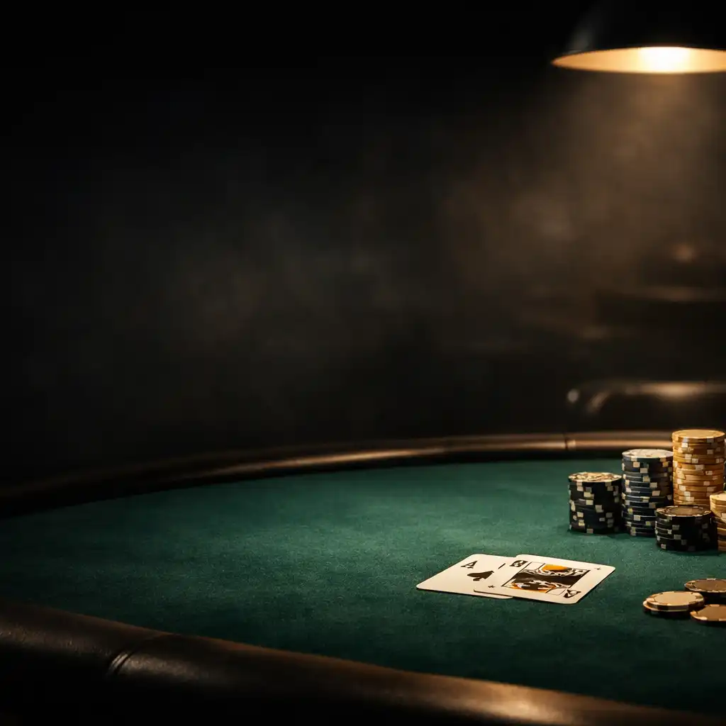 Dark atmospheric poker table with emerald felt, champagne chips, and playing cards in the Card Lounge at Cardclub Boomerang