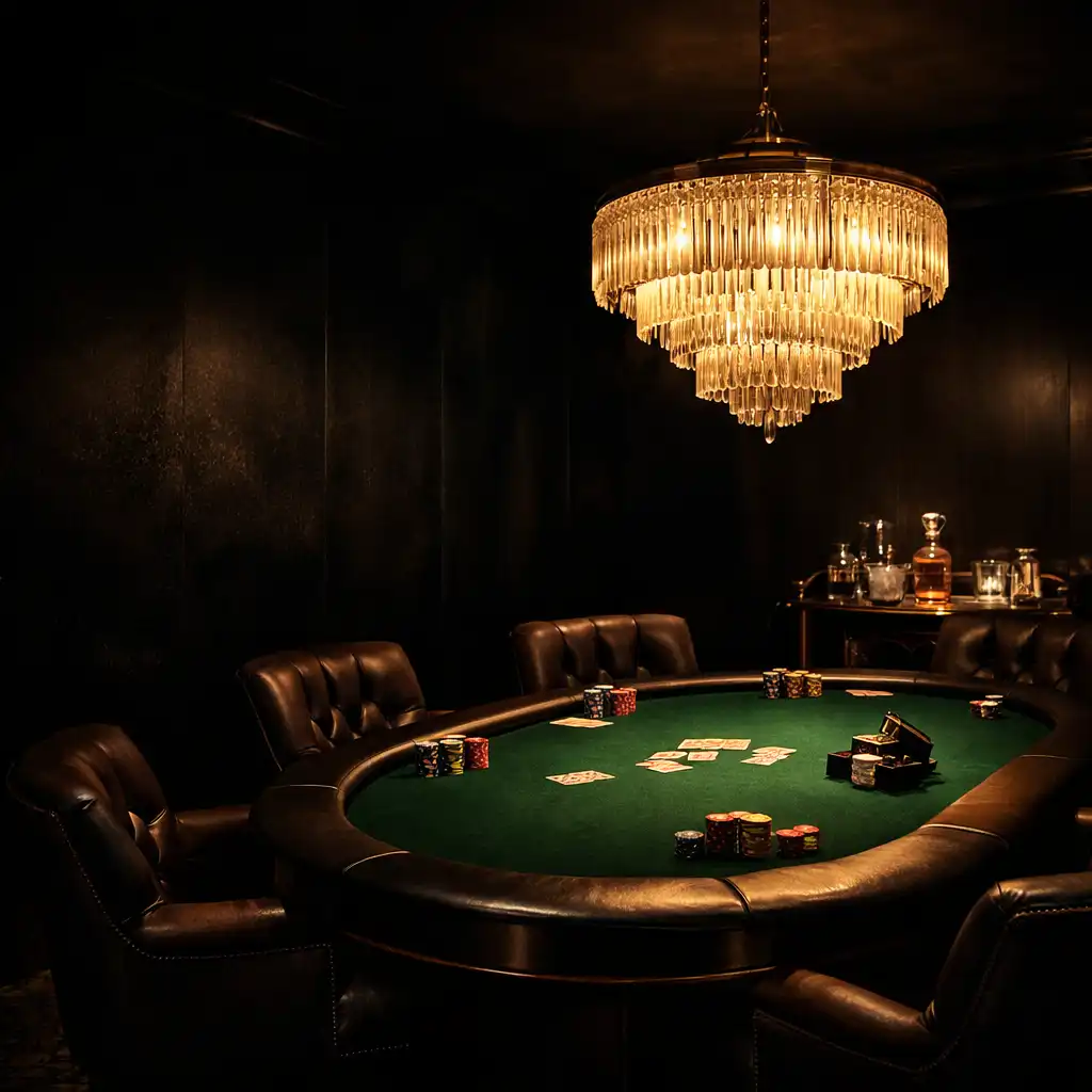 Private poker suite with emerald felt table, leather chairs, and champagne pendant light