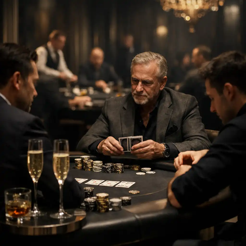 Sophisticated card lounge with open poker games and champagne accents on glassware and chips