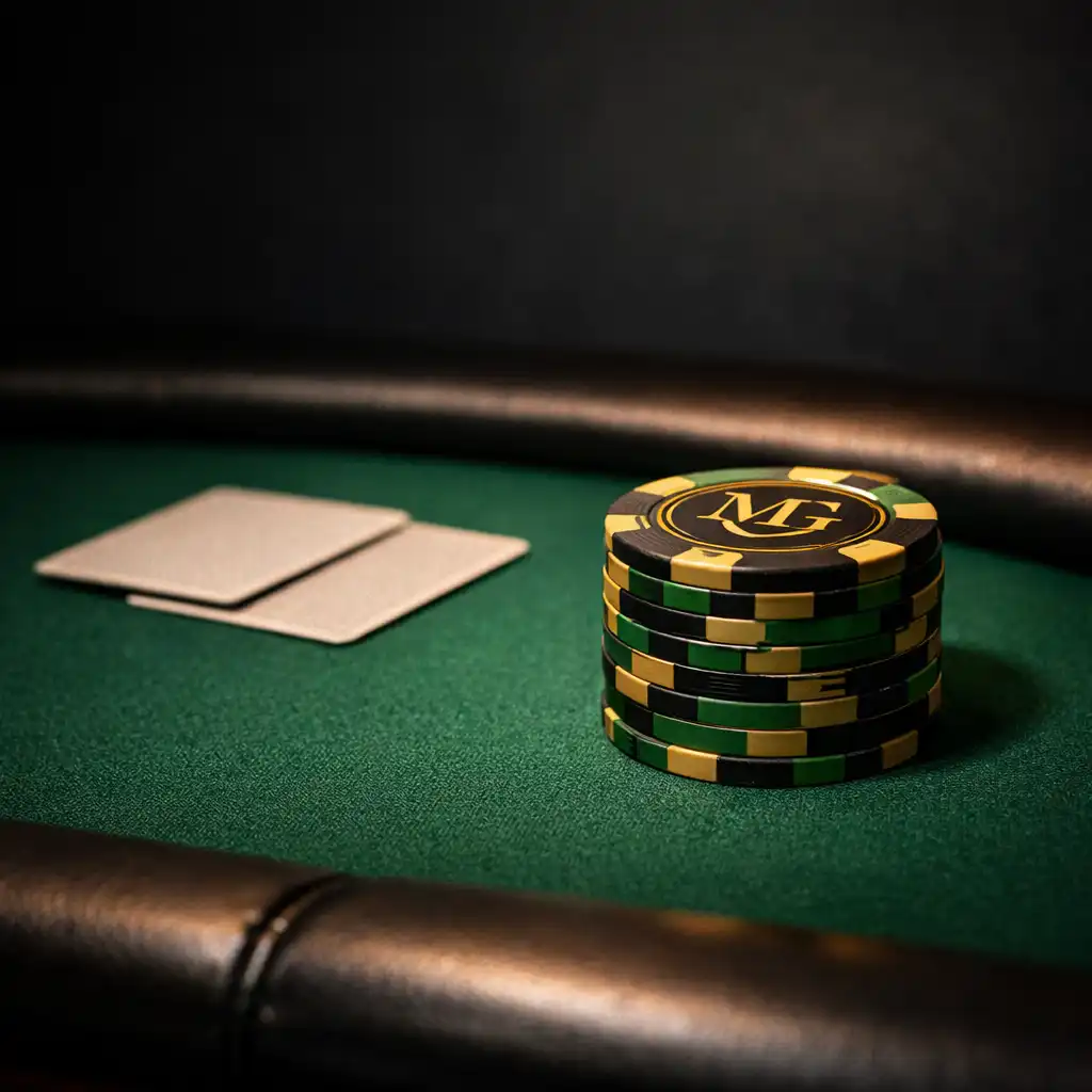 Close-up of professional poker table with imported speed felt, playing cards, and custom chips