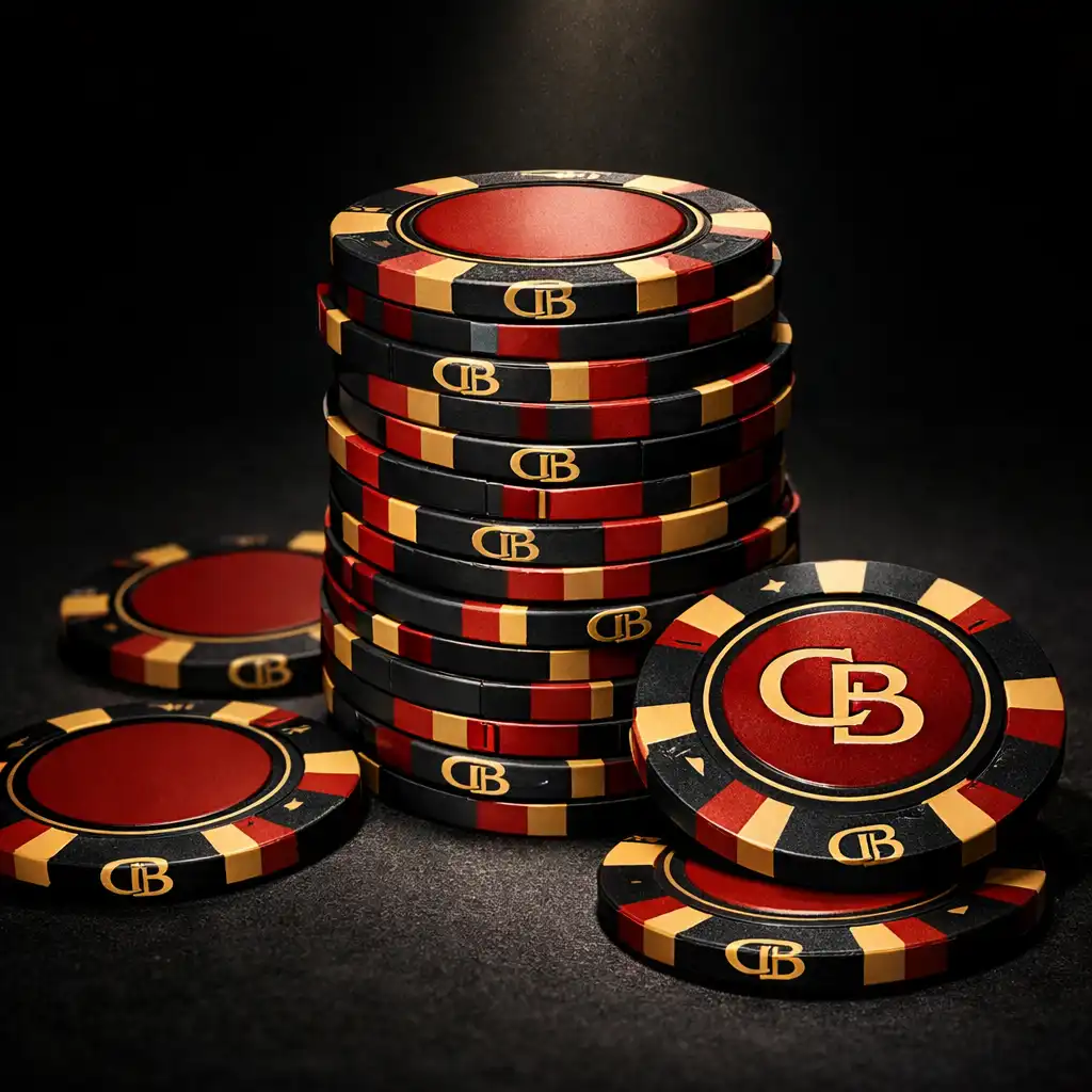 Stack of custom clay poker chips in deep red, black, and gold with interlocking CB monogram under dramatic champagne spotlight
