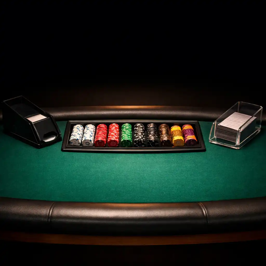 Professional dealer station with built-in chip tray, card shoe, and discard holder on emerald felt