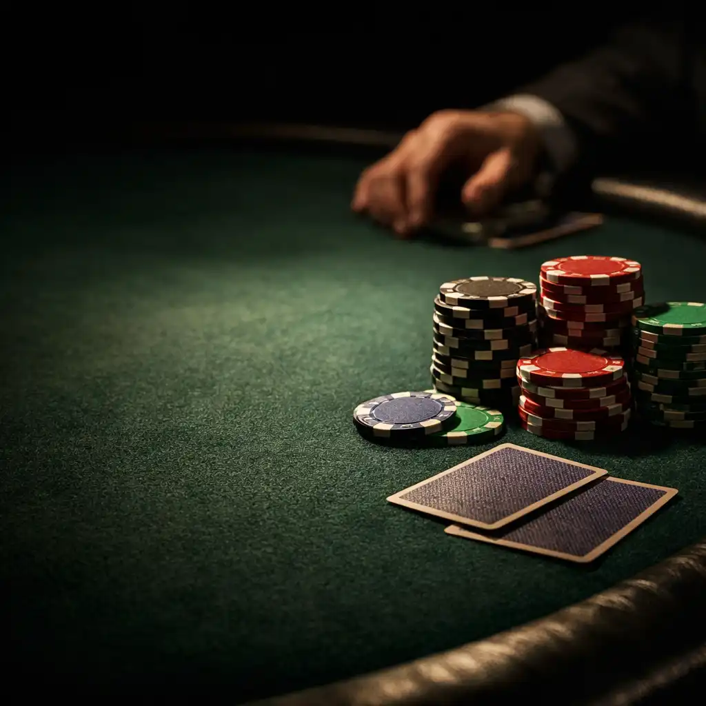 Professional poker table with dark green felt, stacked ceramic chips, and playing cards under low-key champagne light