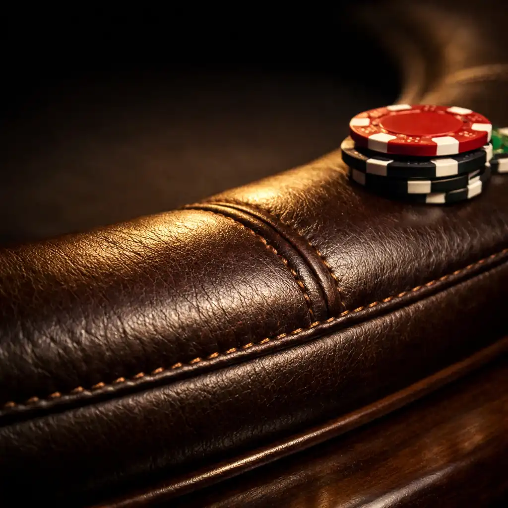 Close-up of dark brown leather padded rail with fine stitching and a few poker chips resting on it