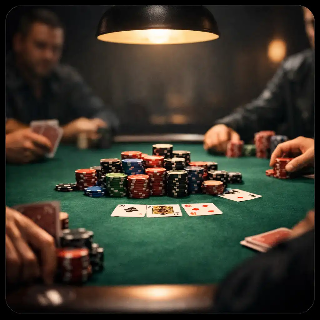 Final table scene with emerald felt, large pot of chips, and players' hands under a single warm overhead lamp
