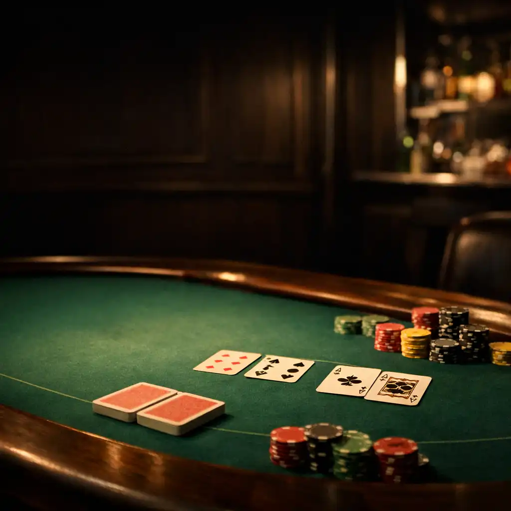 Dimly lit upscale poker room with emerald felt table, cards and chips under champagne lighting