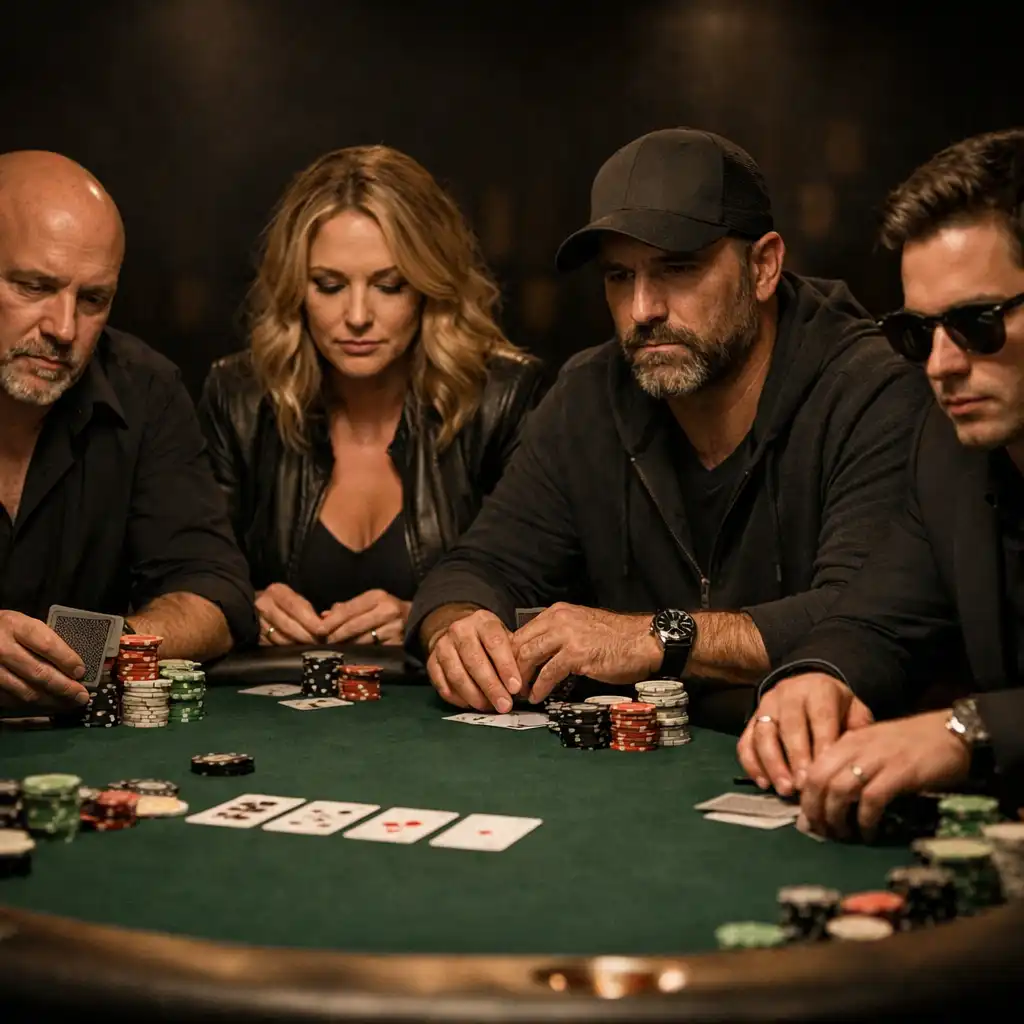 Four serious poker players engaged in a game at a professional table
