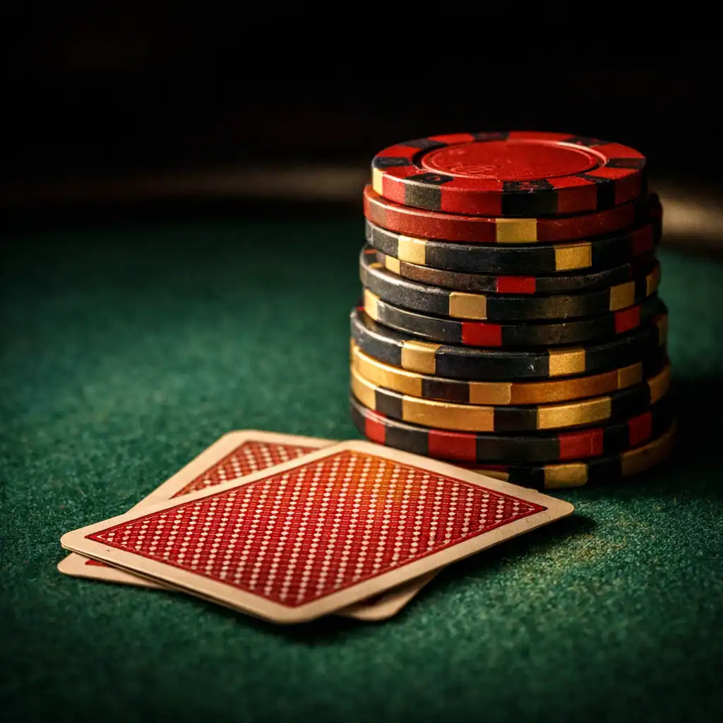 Close-up of poker chips and cards on emerald felt