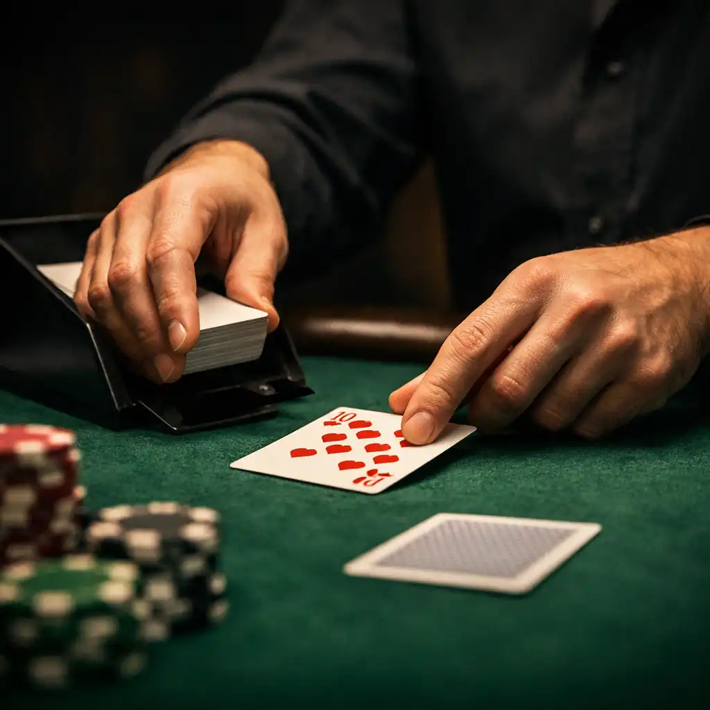Professional poker dealer's hands dealing cards on an emerald felt table with casino chips and a card shoe