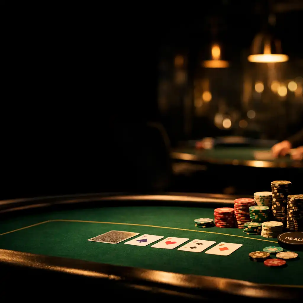 Dedicated poker room at Cardclub Boomerang with a professional emerald felt table, casino chips, and playing cards under low-key champagne lighting