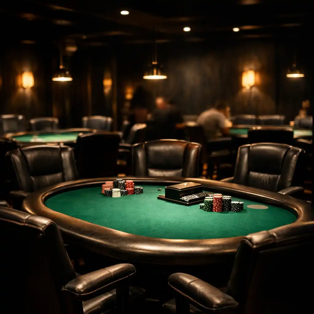 Interior of the dedicated poker room with multiple professional tables, emerald felt, leather chairs, and dim directional lighting