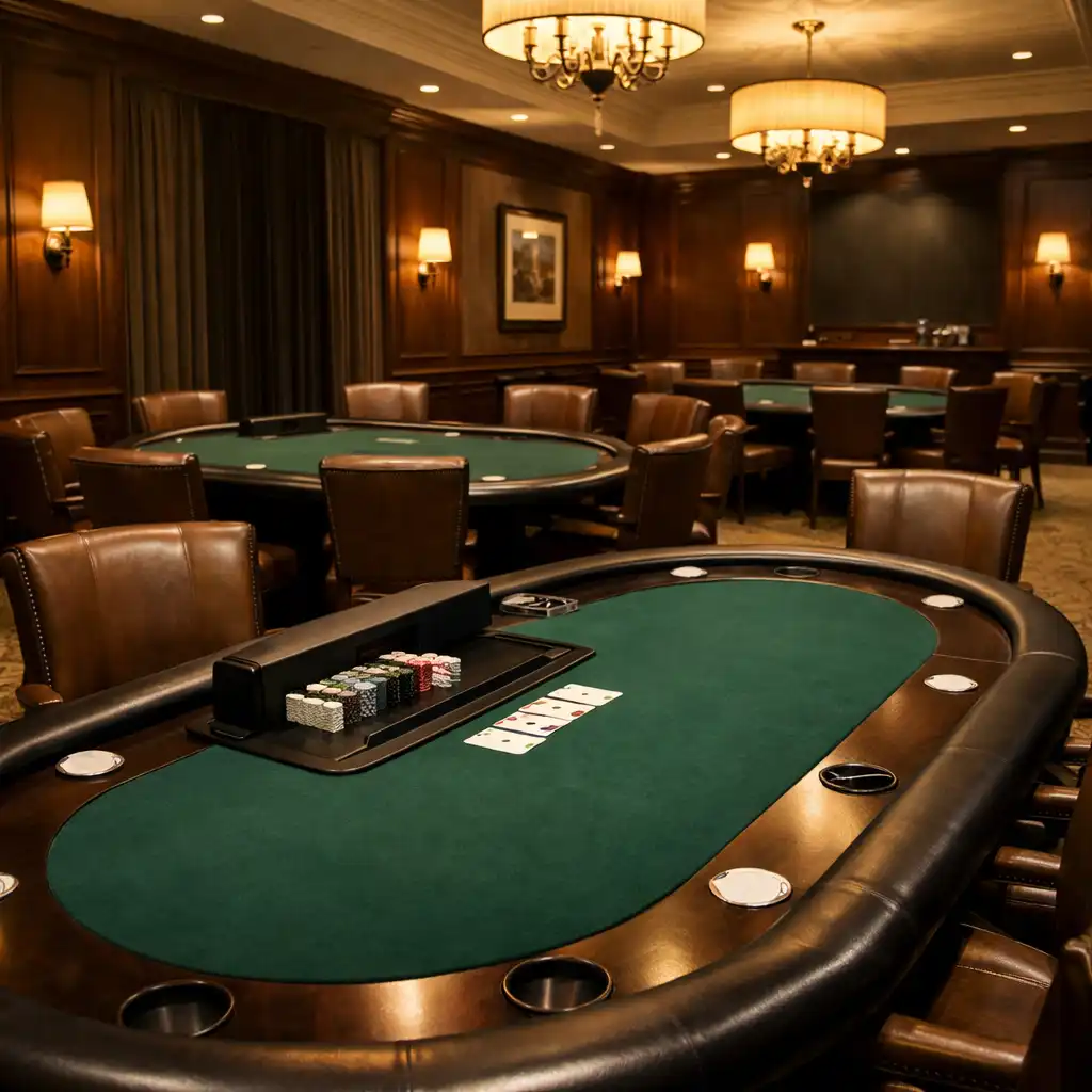 Dedicated poker room with professional poker tables and dark emerald felt, ready for a private event