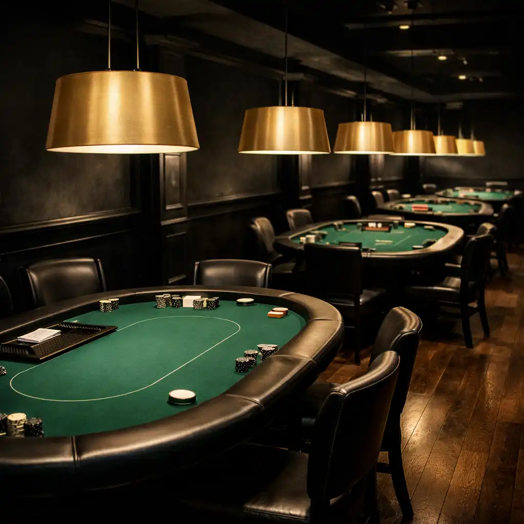Wide shot of a dedicated poker room with multiple professional tables under champagne pendant lights