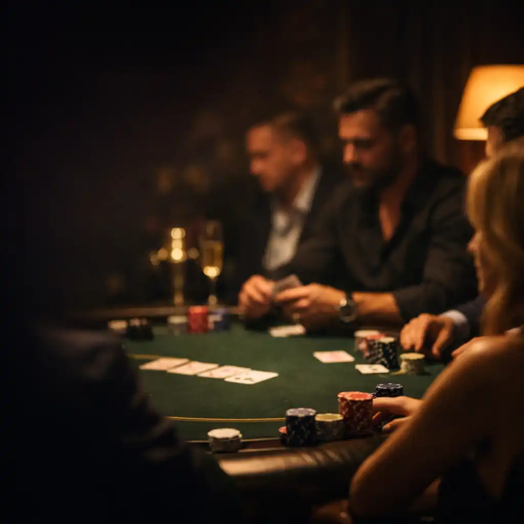 Private poker event in a dark, luxurious room with players around a professional table, champagne glasses visible, and warm low-key lighting