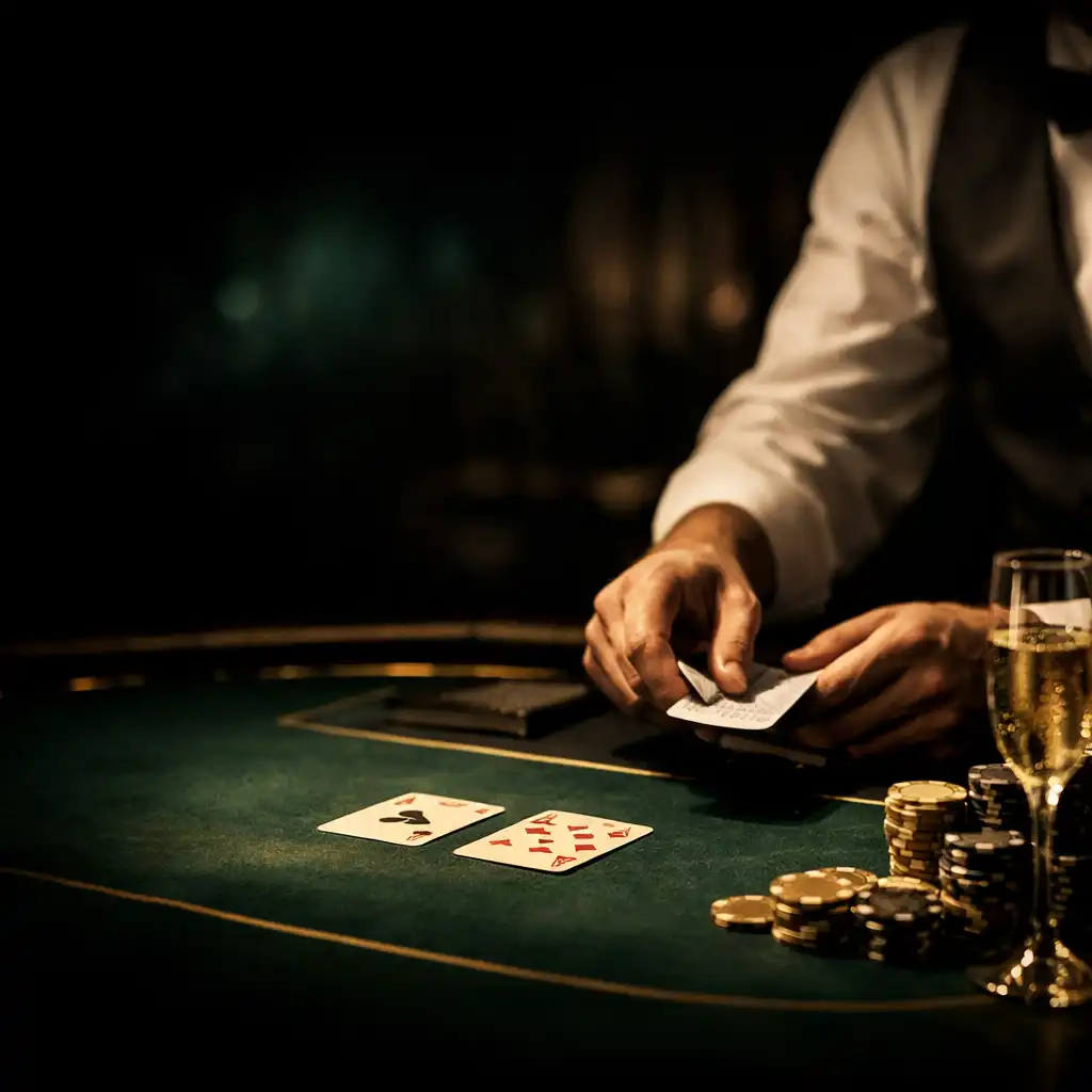 Dark atmospheric private poker table with champagne lighting and professional dealer hands dealing cards