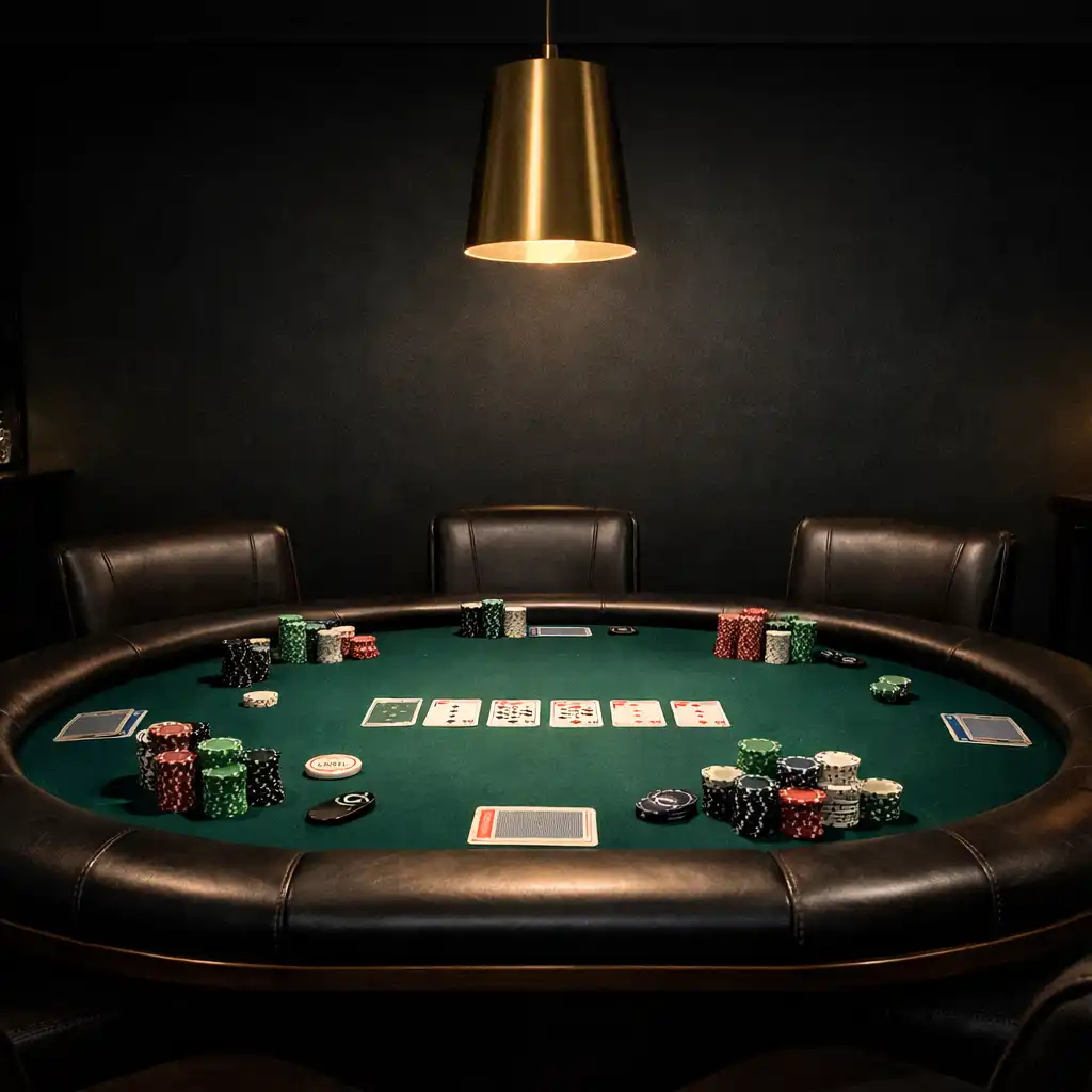 Private poker suite with professional table, emerald felt, leather chairs, and champagne pendant light in a dark upscale room