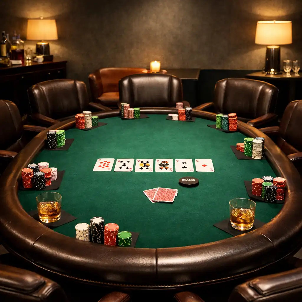 Private poker table set for a corporate event with emerald felt, neatly arranged chip stacks, and leather chairs in an upscale lounge