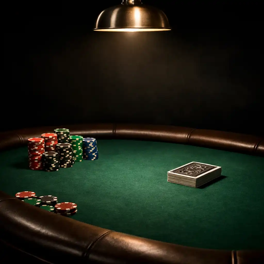 Professional poker table with emerald speed felt, leather padded rail, custom chips, and cards under warm champagne lighting