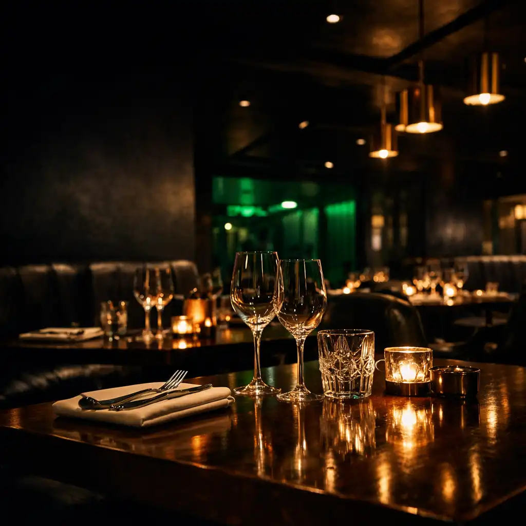 Upscale restaurant interior at Cardclub Boomerang with dark wood, leather seating, and warm champagne lighting