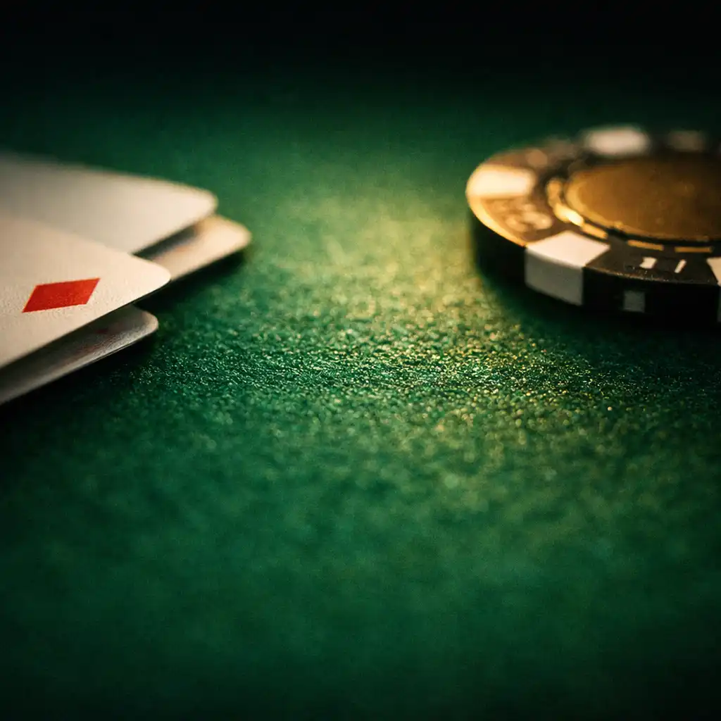 Close-up of emerald speed felt with playing cards and a poker chip, showing smooth texture and warm side lighting