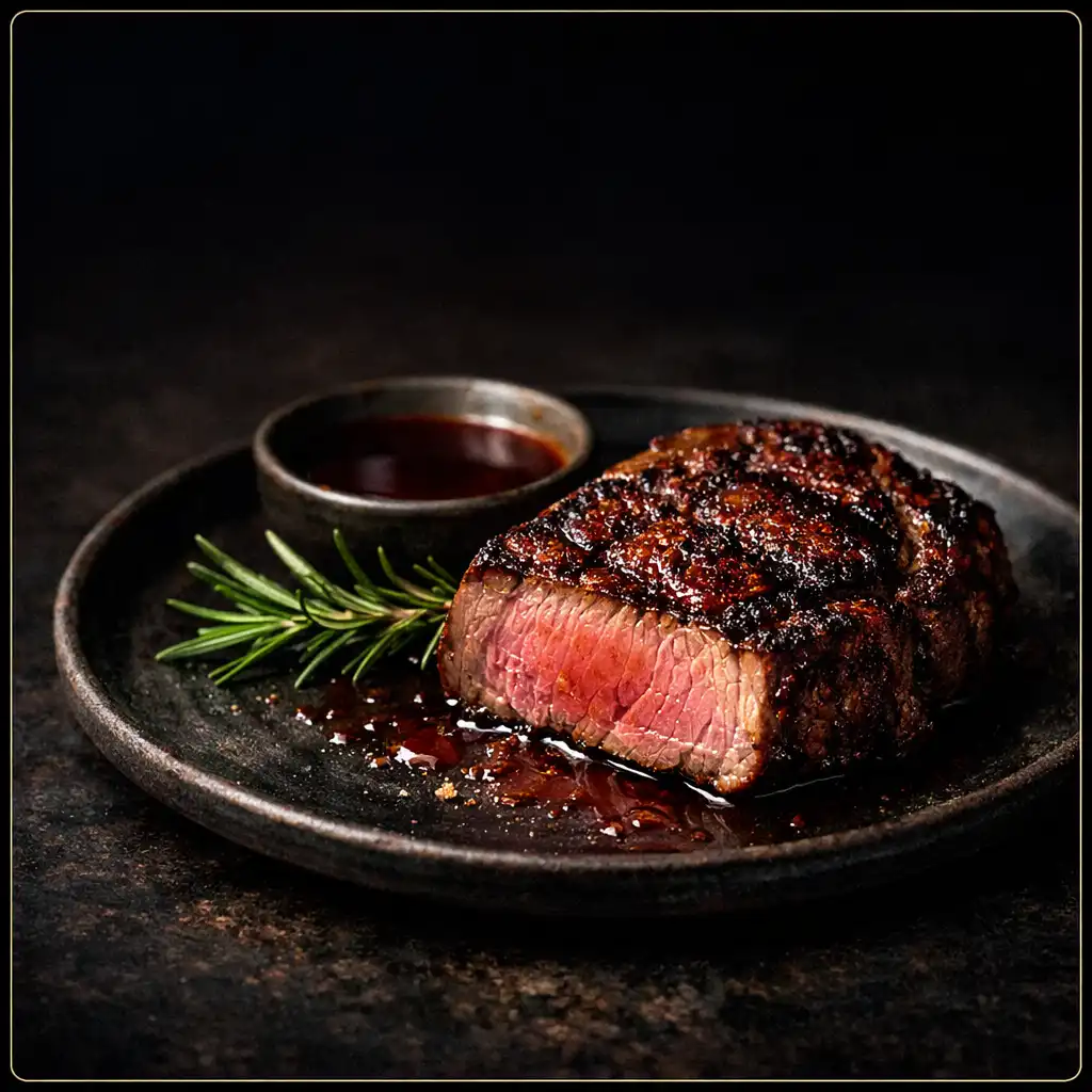 Perfectly grilled dry-aged steak with rosemary and red wine jus on a dark plate