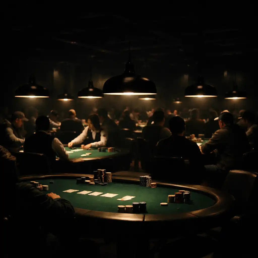 Wide view of a dedicated poker tournament room at night with rows of tables under warm pendant lights