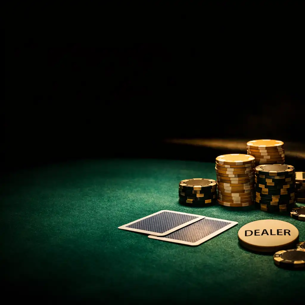 Dark poker tournament table with emerald felt, stacks of chips, and cards under warm champagne light