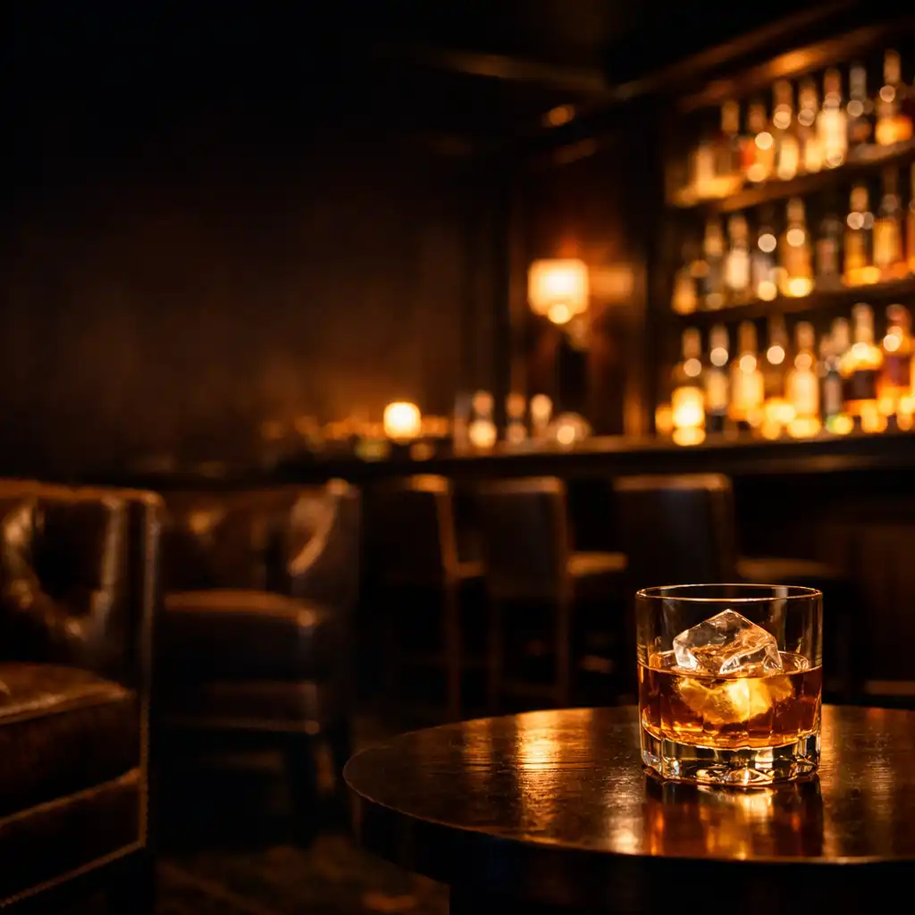 Whiskey lounge at Cardclub Boomerang with premium bottles, dark wood, and leather seating